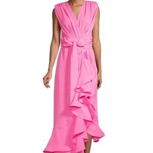 BNWT XS Bronx and Banco Bubblegum Pink Asymmetric Ruffle Midi Dress